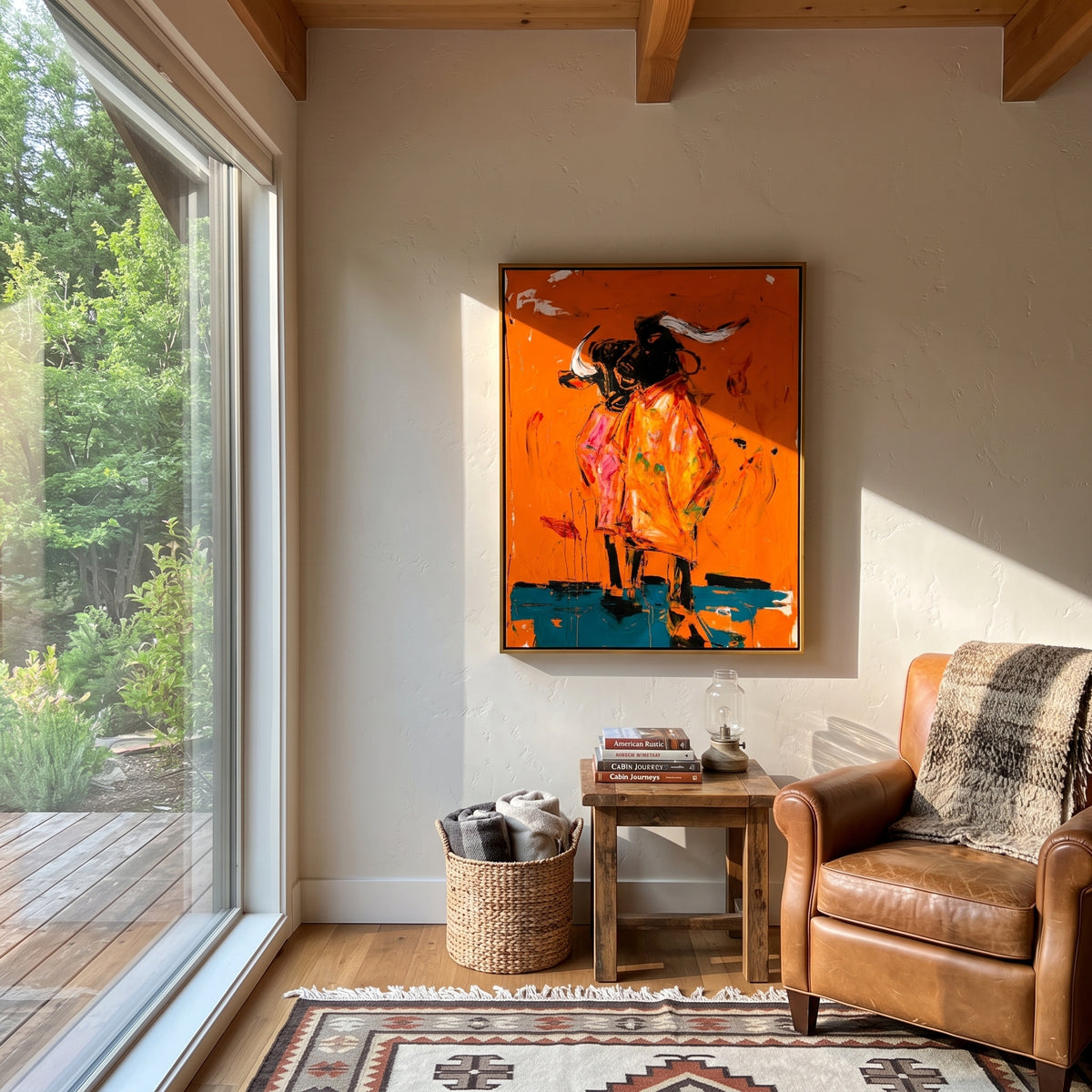 Orange Bull Rider Clash is written from the actual artwork image, focusing on a black bull and rider exploding across an orange ground with turquoise base shadows. The composition is built from specific visible details: charging black bull, horn shapes, rider energy, hot orange field, pink scrape marks, and turquoise lower shadow. The vertical composition keeps attention on charging black bull, horn shapes, rider energy, hot orange field, pink scrape marks, and turquoise lower shadow, using open