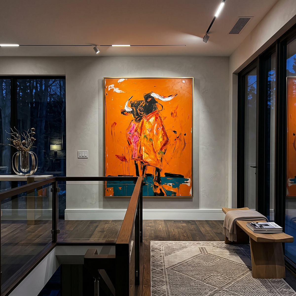 Orange Bull Rider Clash is written from the actual artwork image, focusing on a black bull and rider exploding across an orange ground with turquoise base shadows. The composition is built from specific visible details: charging black bull, horn shapes, rider energy, hot orange field, pink scrape marks, and turquoise lower shadow. The vertical composition keeps attention on charging black bull, horn shapes, rider energy, hot orange field, pink scrape marks, and turquoise lower shadow, using open