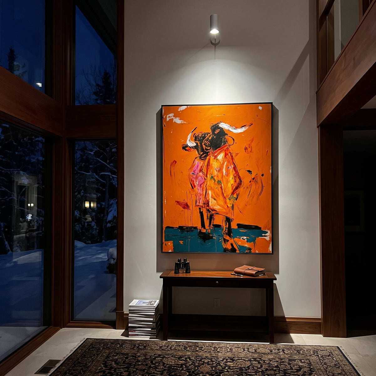 Orange Bull Rider Clash is written from the actual artwork image, focusing on a black bull and rider exploding across an orange ground with turquoise base shadows. The composition is built from specific visible details: charging black bull, horn shapes, rider energy, hot orange field, pink scrape marks, and turquoise lower shadow. The vertical composition keeps attention on charging black bull, horn shapes, rider energy, hot orange field, pink scrape marks, and turquoise lower shadow, using open