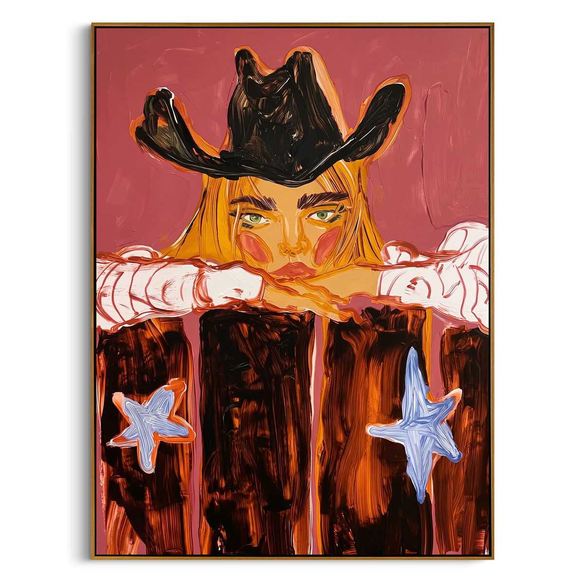 "Black Hat Cowgirl Portrait" - Modern Heavy Impasto Western Animal Artwork | Pink & Black Palette Knife Painting | Luxury Vertical Wall Art #PT 2332