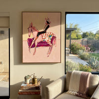 Pink Horse Lounge Rider is written from the actual artwork image, focusing on a stylized horse and rider beside a pink striped lounge chair on a pale ground. The composition is built from specific visible details: thin pink horse outline, seated rider silhouette, striped chair, pale open background, and playful fashion posture. The vertical composition keeps attention on thin pink horse outline, seated rider silhouette, striped chair, pale open background, and playful fashion posture, using open
