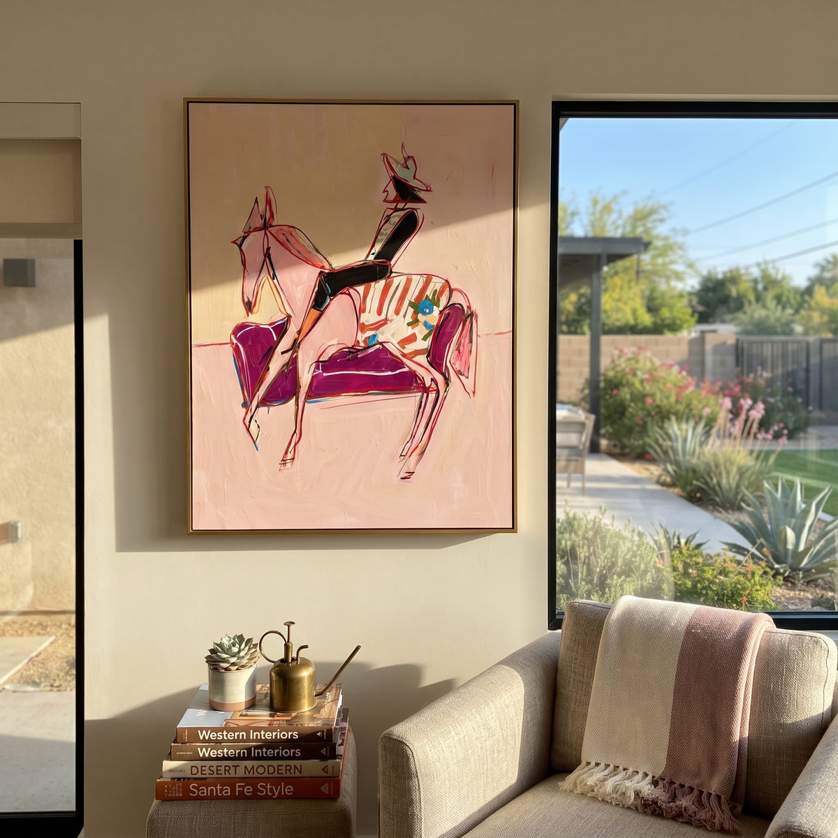 Pink Horse Lounge Rider is written from the actual artwork image, focusing on a stylized horse and rider beside a pink striped lounge chair on a pale ground. The composition is built from specific visible details: thin pink horse outline, seated rider silhouette, striped chair, pale open background, and playful fashion posture. The vertical composition keeps attention on thin pink horse outline, seated rider silhouette, striped chair, pale open background, and playful fashion posture, using open