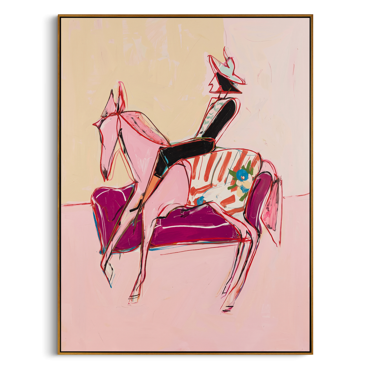 Pink Horse Lounge Rider is written from the actual artwork image, focusing on a stylized horse and rider beside a pink striped lounge chair on a pale ground. The composition is built from specific visible details: thin pink horse outline, seated rider silhouette, striped chair, pale open background, and playful fashion posture. The vertical composition keeps attention on thin pink horse outline, seated rider silhouette, striped chair, pale open background, and playful fashion posture, using open