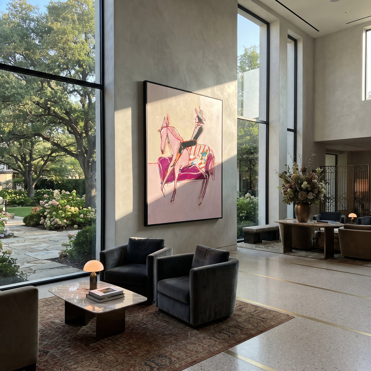 Pink Horse Lounge Rider is written from the actual artwork image, focusing on a stylized horse and rider beside a pink striped lounge chair on a pale ground. The composition is built from specific visible details: thin pink horse outline, seated rider silhouette, striped chair, pale open background, and playful fashion posture. The vertical composition keeps attention on thin pink horse outline, seated rider silhouette, striped chair, pale open background, and playful fashion posture, using open