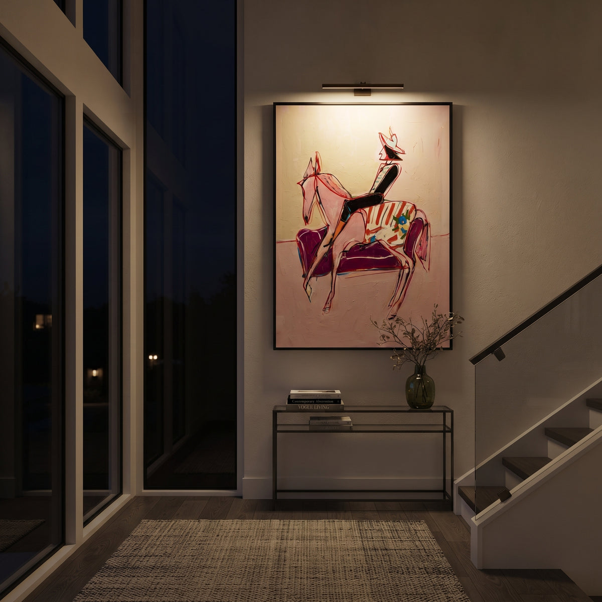 Pink Horse Lounge Rider is written from the actual artwork image, focusing on a stylized horse and rider beside a pink striped lounge chair on a pale ground. The composition is built from specific visible details: thin pink horse outline, seated rider silhouette, striped chair, pale open background, and playful fashion posture. The vertical composition keeps attention on thin pink horse outline, seated rider silhouette, striped chair, pale open background, and playful fashion posture, using open