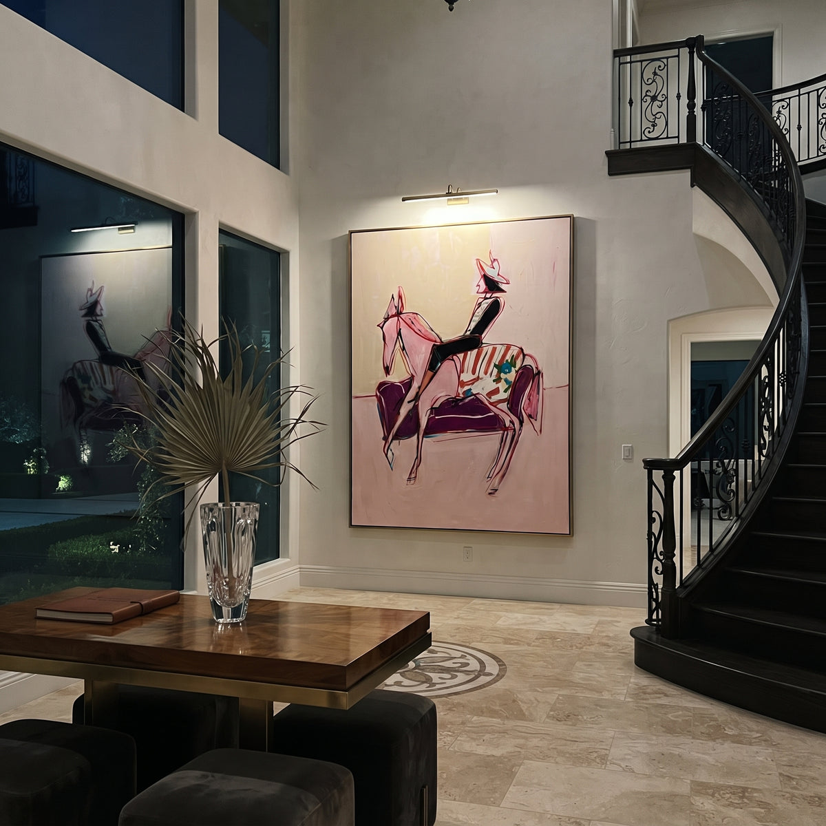Pink Horse Lounge Rider is written from the actual artwork image, focusing on a stylized horse and rider beside a pink striped lounge chair on a pale ground. The composition is built from specific visible details: thin pink horse outline, seated rider silhouette, striped chair, pale open background, and playful fashion posture. The vertical composition keeps attention on thin pink horse outline, seated rider silhouette, striped chair, pale open background, and playful fashion posture, using open