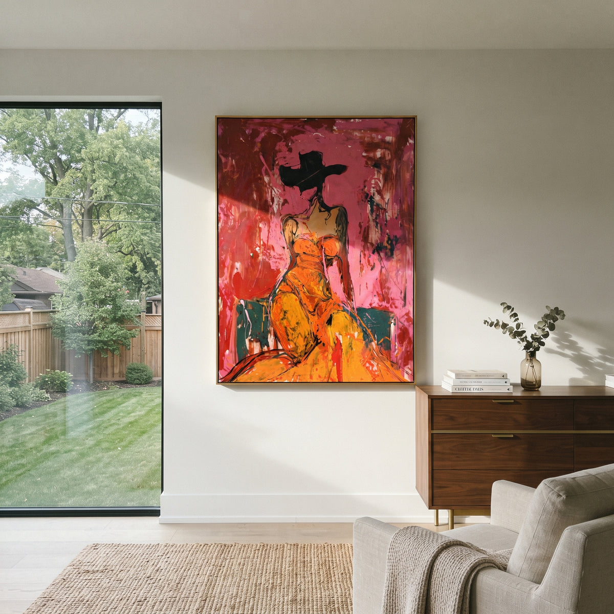 Crimson Glam Cowgirl is written from the actual artwork image, focusing on a glam cowgirl in orange dress and black hat against a crimson pink interior field. The composition is built from specific visible details: orange dress, black hat silhouette, rose crimson wall, teal floor block, and expressive scraped figure edges. The vertical composition keeps attention on orange dress, black hat silhouette, rose crimson wall, teal floor block, and expressive scraped figure edges, using open ground