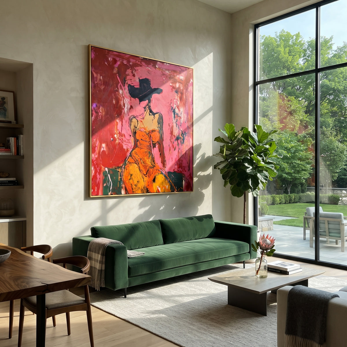 Crimson Glam Cowgirl is written from the actual artwork image, focusing on a glam cowgirl in orange dress and black hat against a crimson pink interior field. The composition is built from specific visible details: orange dress, black hat silhouette, rose crimson wall, teal floor block, and expressive scraped figure edges. The vertical composition keeps attention on orange dress, black hat silhouette, rose crimson wall, teal floor block, and expressive scraped figure edges, using open ground