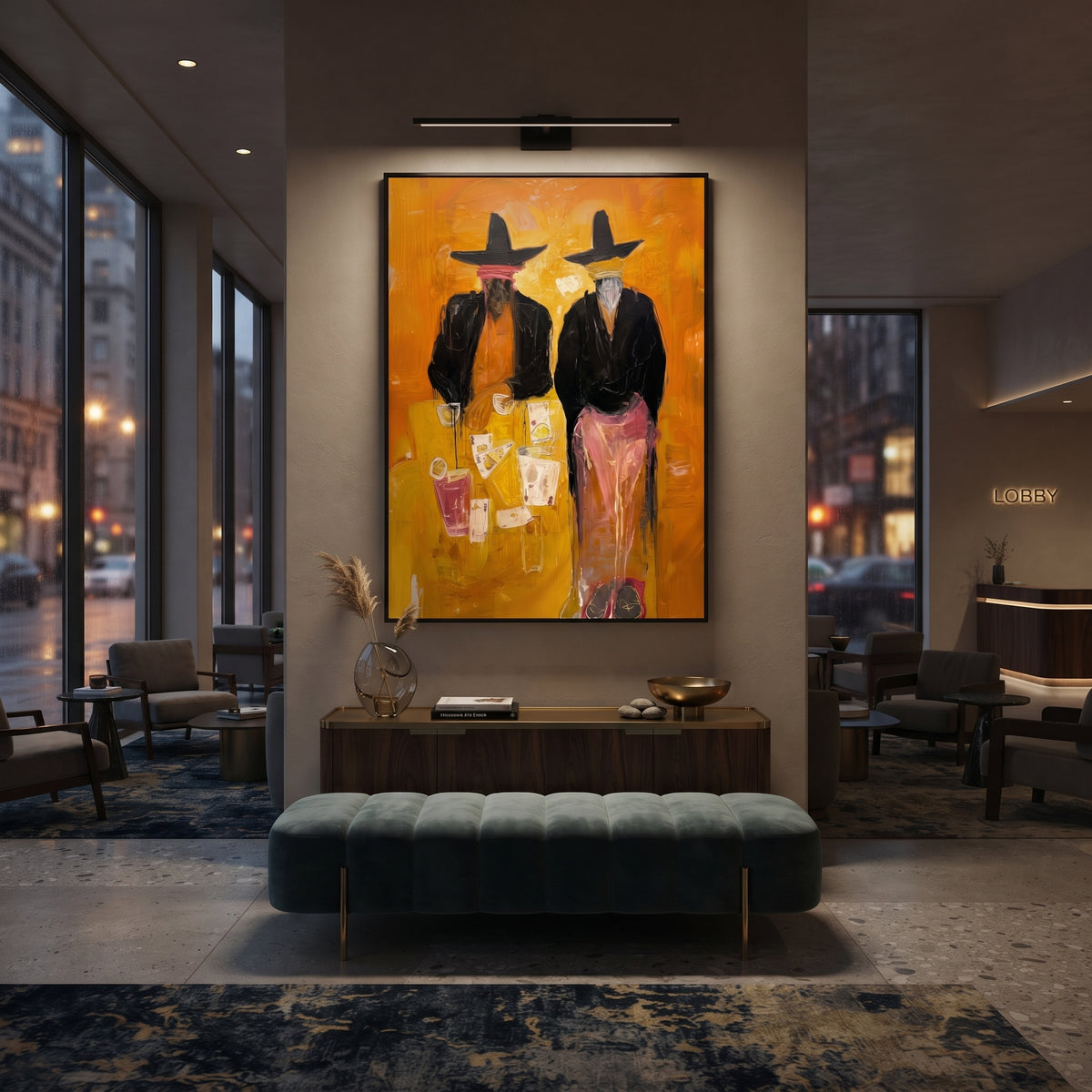 Mustard Poker Cowboys is written from the actual artwork image, focusing on two dark-hatted cowboys standing over cards and drinks on a mustard yellow ground. The composition is built from specific visible details: two black coats, tall hats, playing cards, cocktail glasses, pink trousers, and mustard saloon atmosphere. The vertical composition keeps attention on two black coats, tall hats, playing cards, cocktail glasses, pink trousers, and mustard saloon atmosphere, using open ground, cropped
