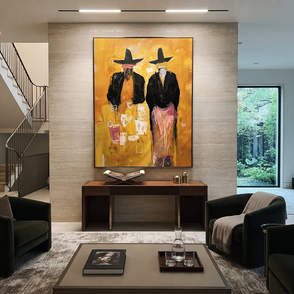 Mustard Poker Cowboys is written from the actual artwork image, focusing on two dark-hatted cowboys standing over cards and drinks on a mustard yellow ground. The composition is built from specific visible details: two black coats, tall hats, playing cards, cocktail glasses, pink trousers, and mustard saloon atmosphere. The vertical composition keeps attention on two black coats, tall hats, playing cards, cocktail glasses, pink trousers, and mustard saloon atmosphere, using open ground, cropped