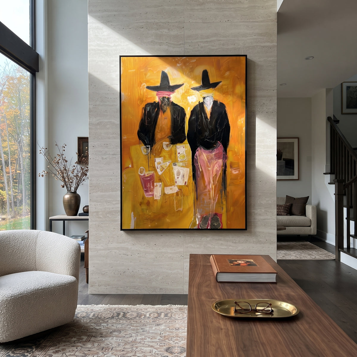 Mustard Poker Cowboys is written from the actual artwork image, focusing on two dark-hatted cowboys standing over cards and drinks on a mustard yellow ground. The composition is built from specific visible details: two black coats, tall hats, playing cards, cocktail glasses, pink trousers, and mustard saloon atmosphere. The vertical composition keeps attention on two black coats, tall hats, playing cards, cocktail glasses, pink trousers, and mustard saloon atmosphere, using open ground, cropped