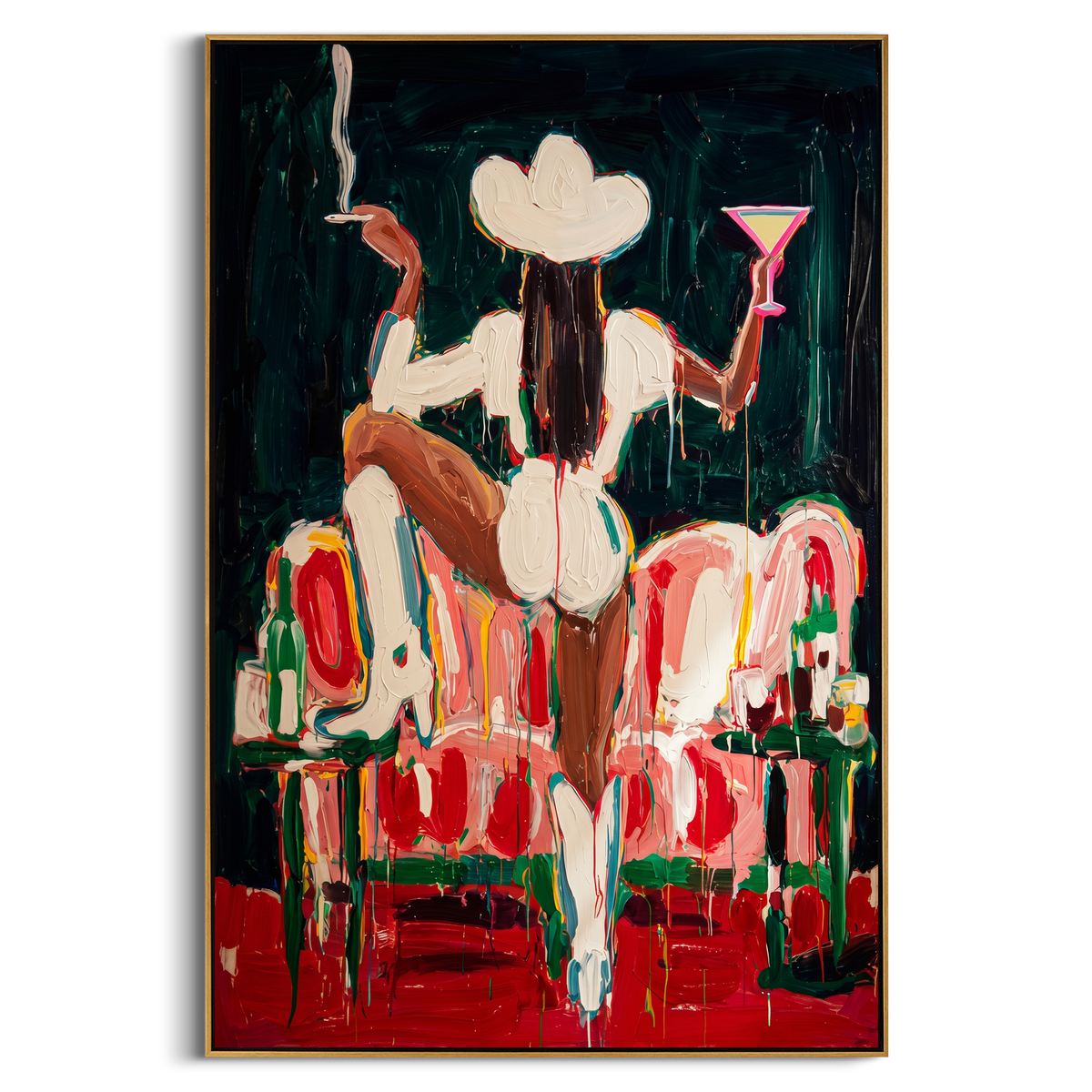 "White Hat Sofa Cowgirl" - Modern Heavy Impasto Western Animal Artwork | Black & Red Palette Knife Painting | Luxury Vertical Wall Art #PT 2336
