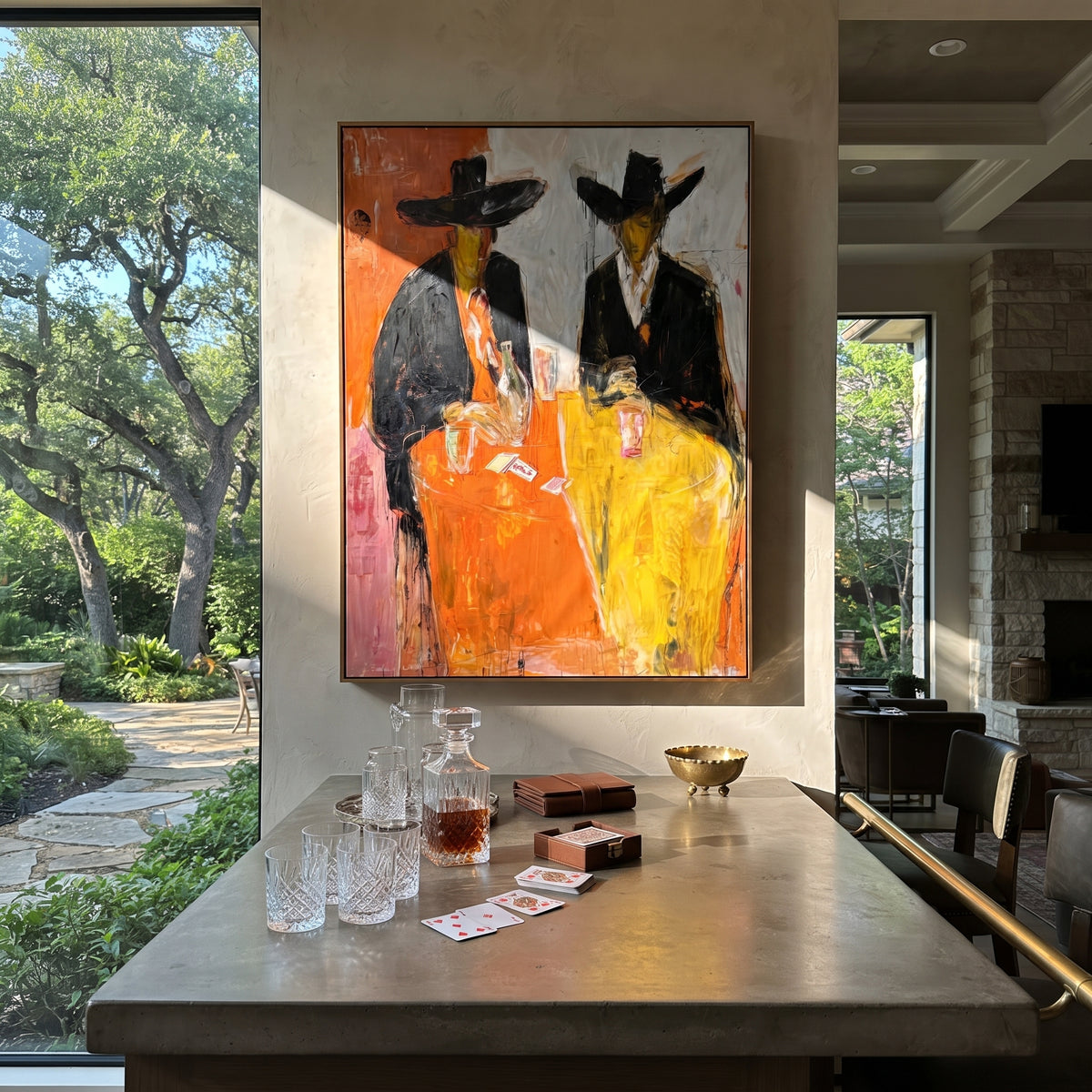 Two Cowboys Card Table is written from the actual artwork image, focusing on two cowboys seated at an orange card table with drinks and dark hats. The composition is built from specific visible details: black hats, orange table plane, yellow pants, cards, glassware, and loose saloon brushwork. The vertical composition keeps attention on black hats, orange table plane, yellow pants, cards, glassware, and loose saloon brushwork, using open ground, cropped edges, and strong color blocks to make the