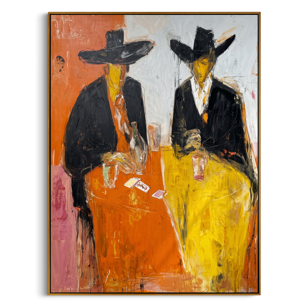 "Two Cowboys Card Table" - Modern Heavy Impasto Western Animal Artwork | Orange & Black Palette Knife Painting | Luxury Vertical Wall Art #PT 2337