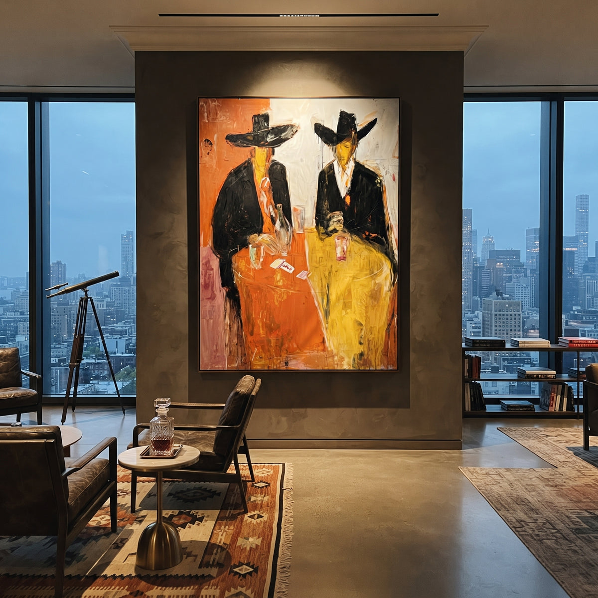 Two Cowboys Card Table is written from the actual artwork image, focusing on two cowboys seated at an orange card table with drinks and dark hats. The composition is built from specific visible details: black hats, orange table plane, yellow pants, cards, glassware, and loose saloon brushwork. The vertical composition keeps attention on black hats, orange table plane, yellow pants, cards, glassware, and loose saloon brushwork, using open ground, cropped edges, and strong color blocks to make the