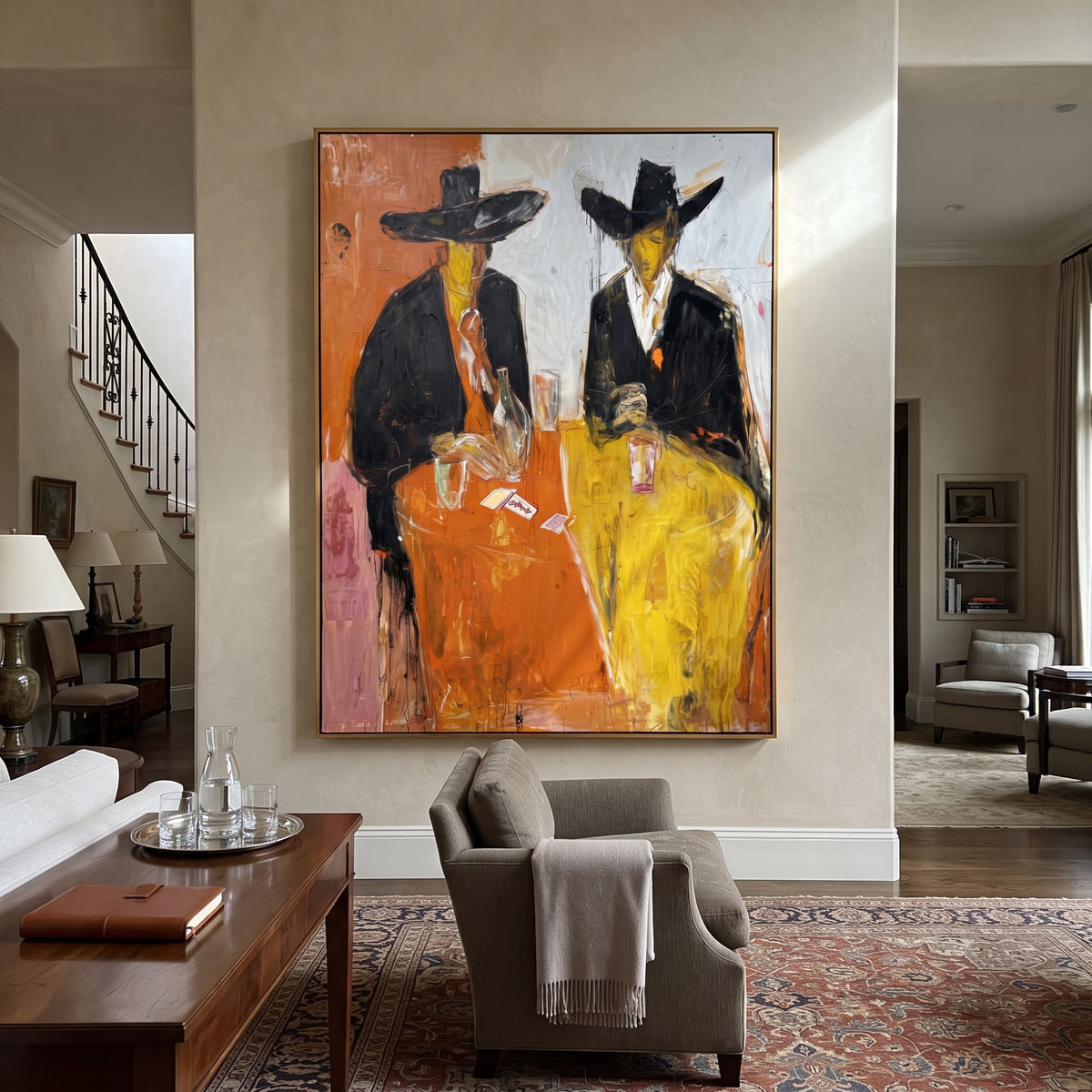 Two Cowboys Card Table is written from the actual artwork image, focusing on two cowboys seated at an orange card table with drinks and dark hats. The composition is built from specific visible details: black hats, orange table plane, yellow pants, cards, glassware, and loose saloon brushwork. The vertical composition keeps attention on black hats, orange table plane, yellow pants, cards, glassware, and loose saloon brushwork, using open ground, cropped edges, and strong color blocks to make the