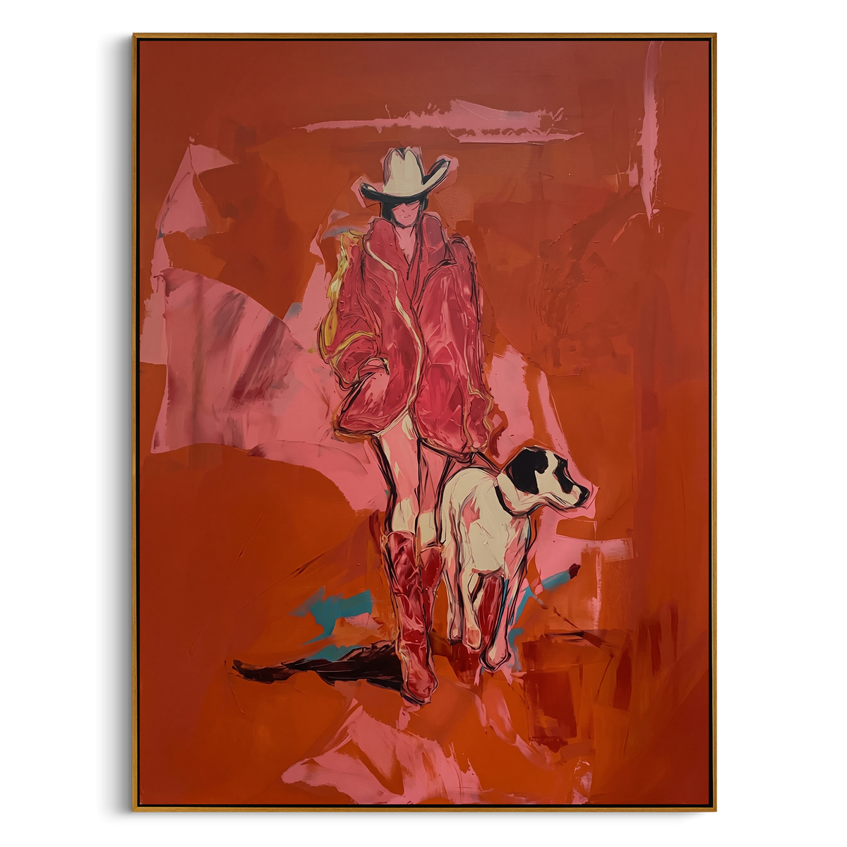 Terracotta Cowgirl Dog is written from the actual artwork image, focusing on a terracotta cowgirl standing with a small black-and-white dog under a wide hat. The composition is built from specific visible details: standing cowgirl, small dog companion, wide hat, red-orange ground, and gestural shadow marks. The vertical composition keeps attention on standing cowgirl, small dog companion, wide hat, red-orange ground, and gestural shadow marks, using open ground, cropped edges, and strong color