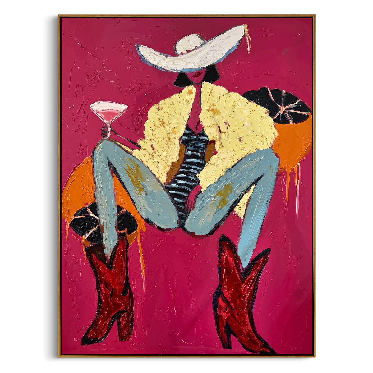 "Magenta Boots Martini Cowgirl" - Modern Heavy Impasto Western Animal Artwork | Pink & Blue Palette Knife Painting | Luxury Vertical Wall Art #PT 2339