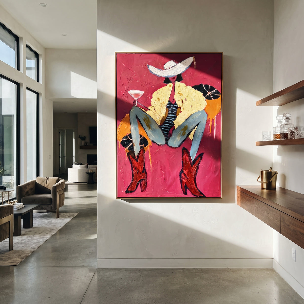Magenta Boots Martini Cowgirl is written from the actual artwork image, focusing on a reclining cowgirl with red boots and martini glass on a hot magenta field. The composition is built from specific visible details: oversized white hat, lifted martini, blue jeans, red boots, yellow shirt texture, and magenta background. The vertical composition keeps attention on oversized white hat, lifted martini, blue jeans, red boots, yellow shirt texture, and magenta background, using open ground, cropped