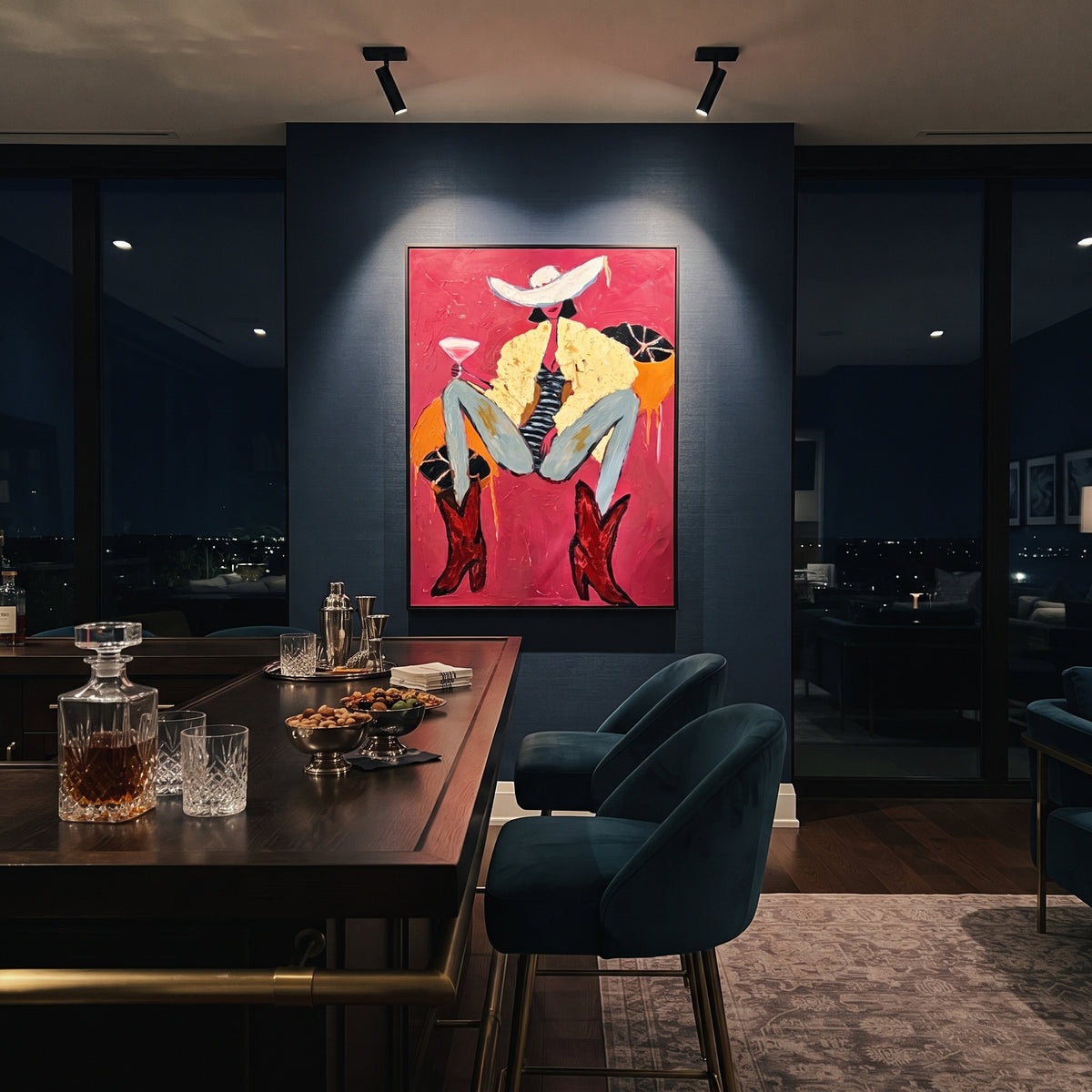 Magenta Boots Martini Cowgirl is written from the actual artwork image, focusing on a reclining cowgirl with red boots and martini glass on a hot magenta field. The composition is built from specific visible details: oversized white hat, lifted martini, blue jeans, red boots, yellow shirt texture, and magenta background. The vertical composition keeps attention on oversized white hat, lifted martini, blue jeans, red boots, yellow shirt texture, and magenta background, using open ground, cropped