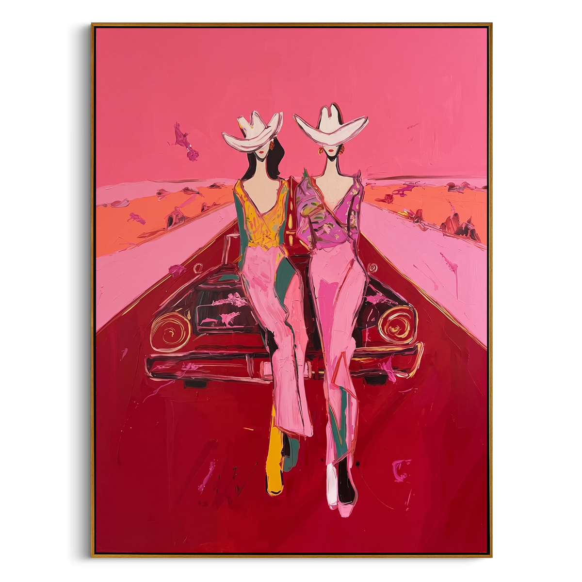 Pink Road Cowgirls is written from the actual artwork image, focusing on two cowgirls standing before a red car on a pink desert road. The composition is built from specific visible details: two white hats, red car hood, long pink road, desert horizon, and paired figure pose. The vertical composition keeps attention on two white hats, red car hood, long pink road, desert horizon, and paired figure pose, using open ground, cropped edges, and strong color blocks to make the scene feel direct and