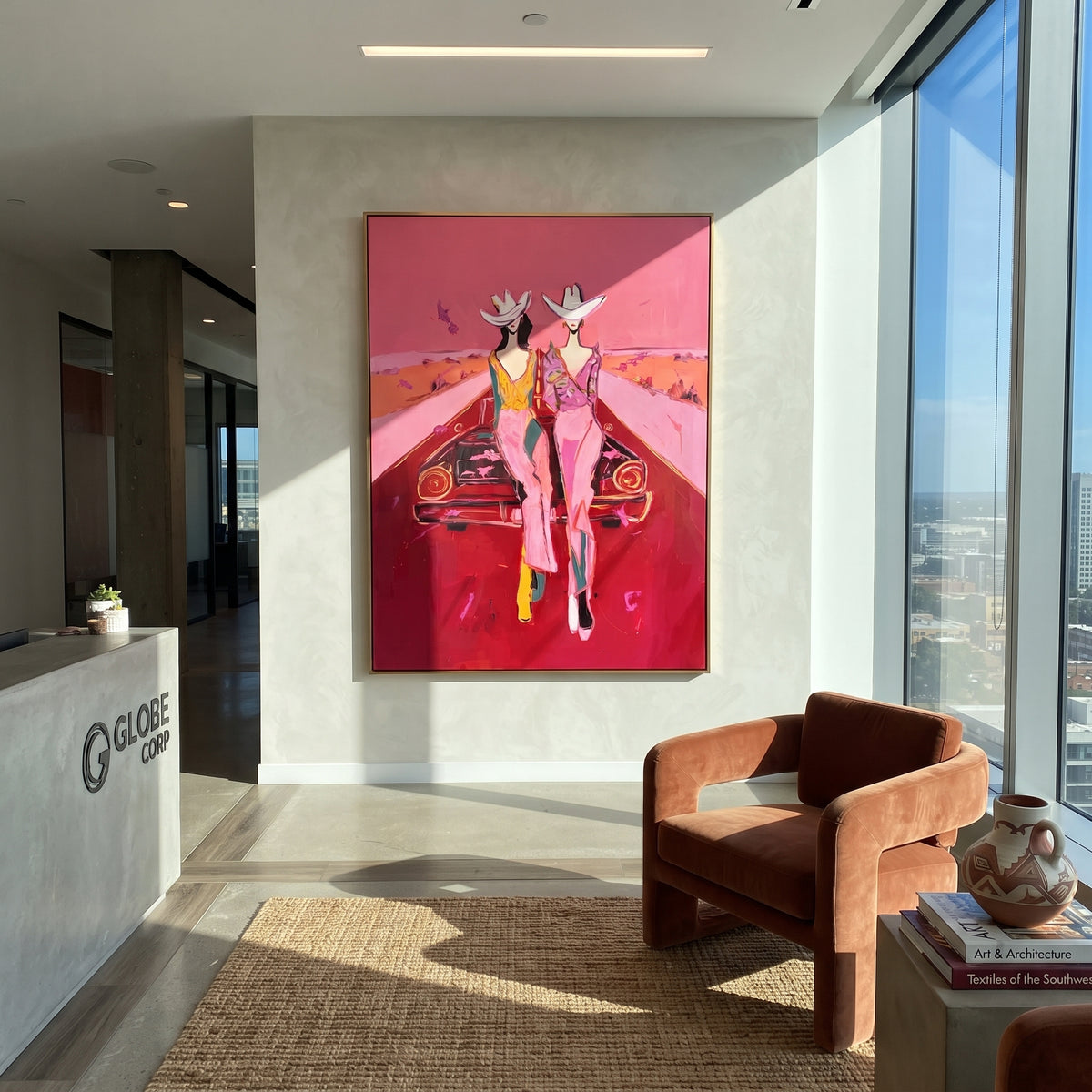 Pink Road Cowgirls is written from the actual artwork image, focusing on two cowgirls standing before a red car on a pink desert road. The composition is built from specific visible details: two white hats, red car hood, long pink road, desert horizon, and paired figure pose. The vertical composition keeps attention on two white hats, red car hood, long pink road, desert horizon, and paired figure pose, using open ground, cropped edges, and strong color blocks to make the scene feel direct and