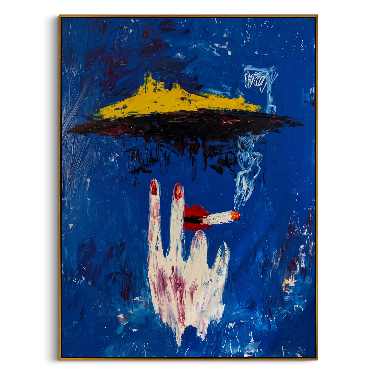 Blue Cigarette Hand is written from the actual artwork image, focusing on a white hand holding a cigarette beneath a yellow hat shape on deep blue. The composition is built from specific visible details: white hand gesture, cigarette ember, yellow hat-like form, smoky marks, and saturated blue field. The vertical composition keeps attention on white hand gesture, cigarette ember, yellow hat-like form, smoky marks, and saturated blue field, using open ground, cropped edges, and strong color