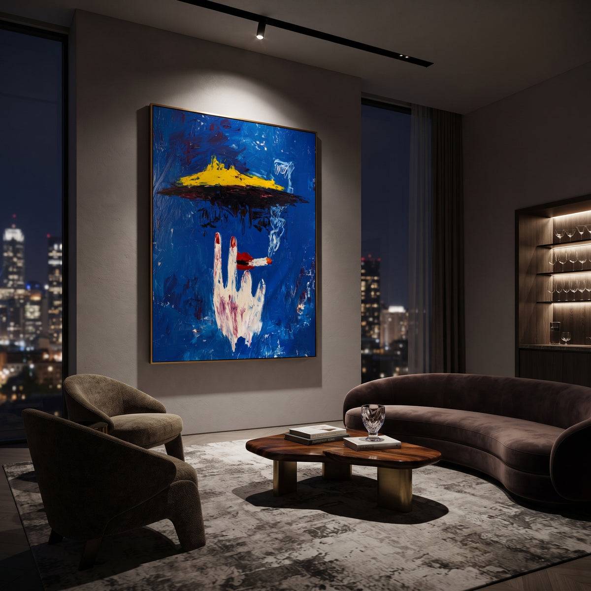 Blue Cigarette Hand is written from the actual artwork image, focusing on a white hand holding a cigarette beneath a yellow hat shape on deep blue. The composition is built from specific visible details: white hand gesture, cigarette ember, yellow hat-like form, smoky marks, and saturated blue field. The vertical composition keeps attention on white hand gesture, cigarette ember, yellow hat-like form, smoky marks, and saturated blue field, using open ground, cropped edges, and strong color