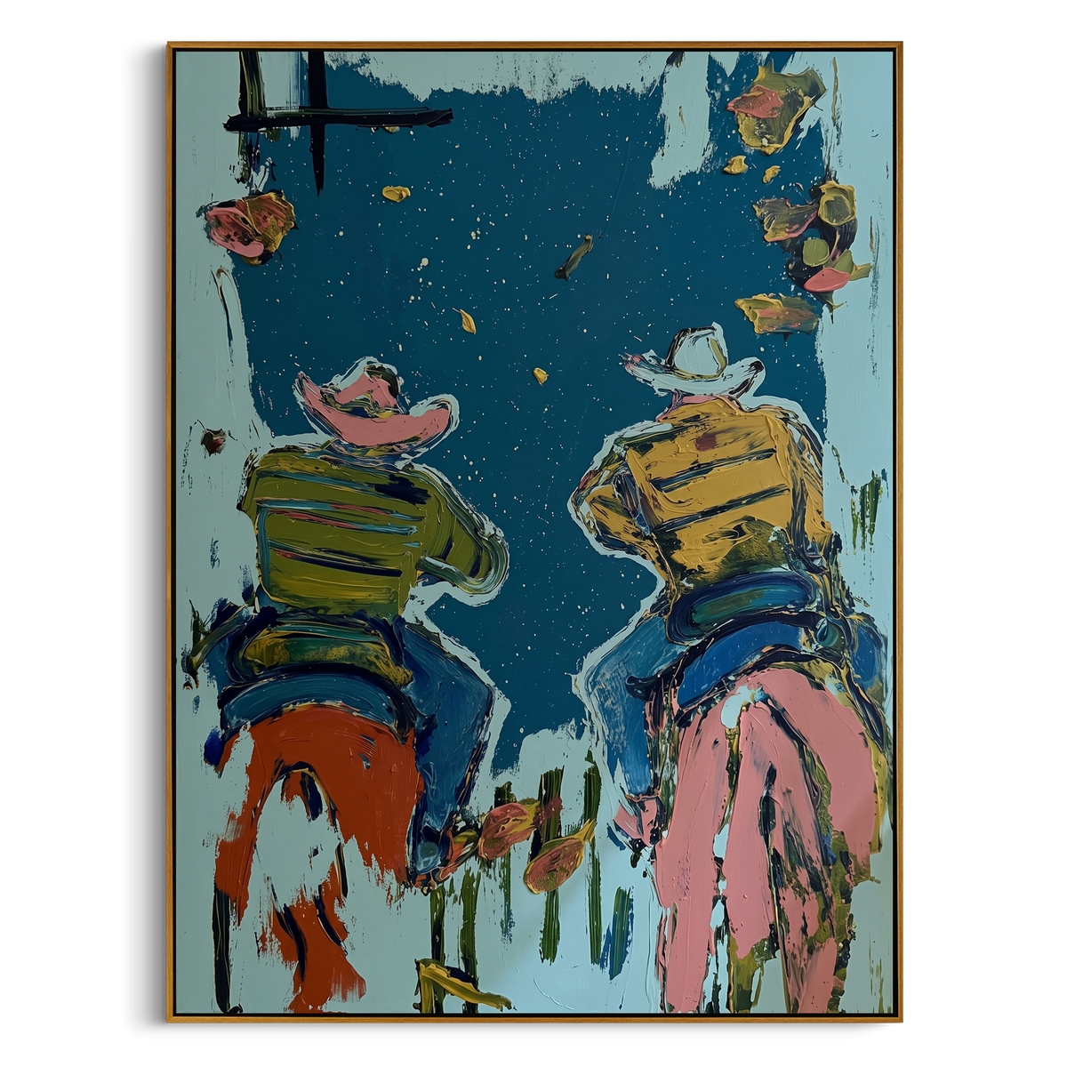 Dawn Riders Pair is written from the actual artwork image, focusing on two riders seen from behind on horses with teal sky and scattered floral marks. The composition is built from specific visible details: two horseback figures, rear view composition, teal blue background, pink horse flank, and small floral sparks. The vertical composition keeps attention on two horseback figures, rear view composition, teal blue background, pink horse flank, and small floral sparks, using open ground, cropped