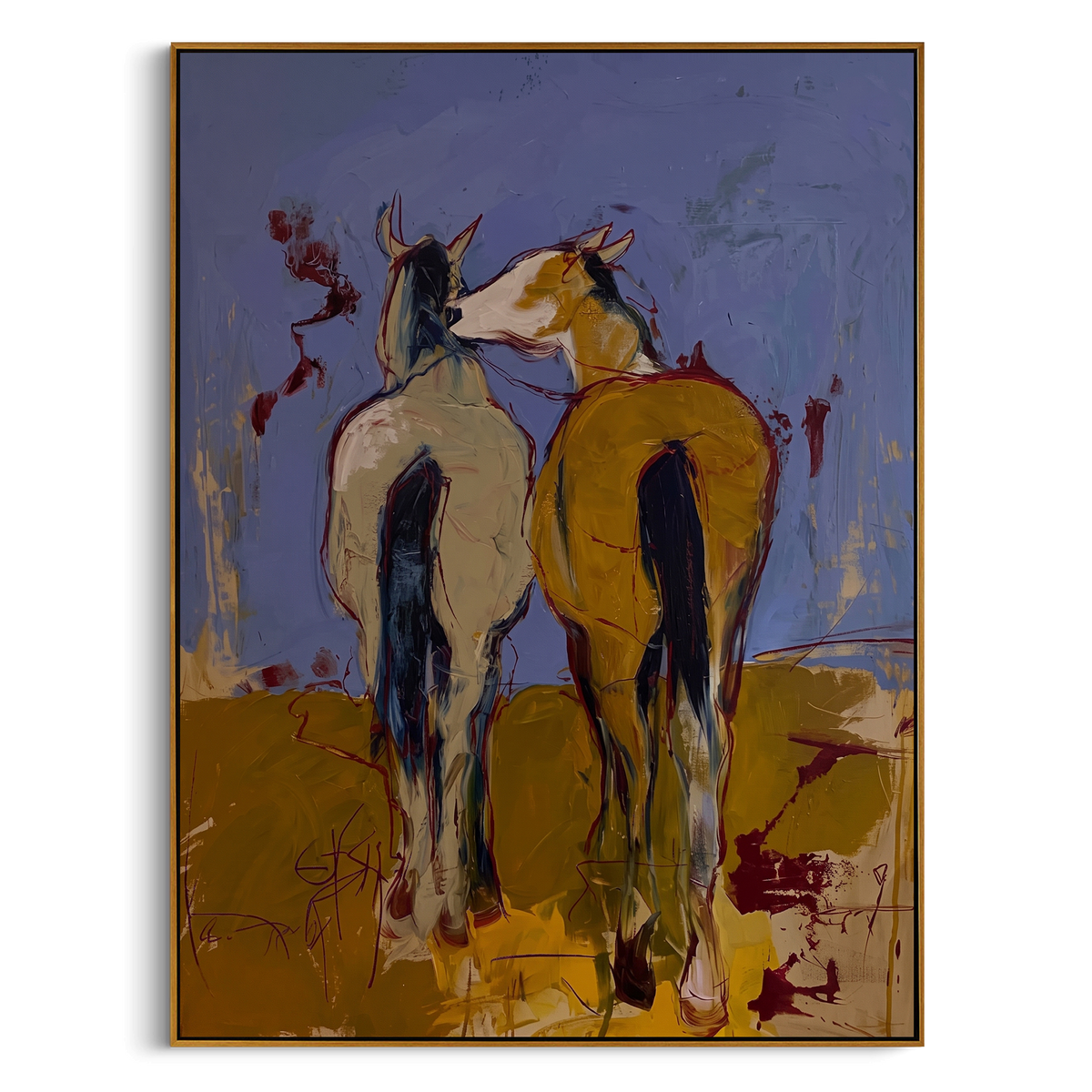 "Lavender Horse Companions" - Modern Heavy Impasto Western Animal Artwork | Blue & Yellow Palette Knife Painting | Luxury Vertical Wall Art #PT 2343