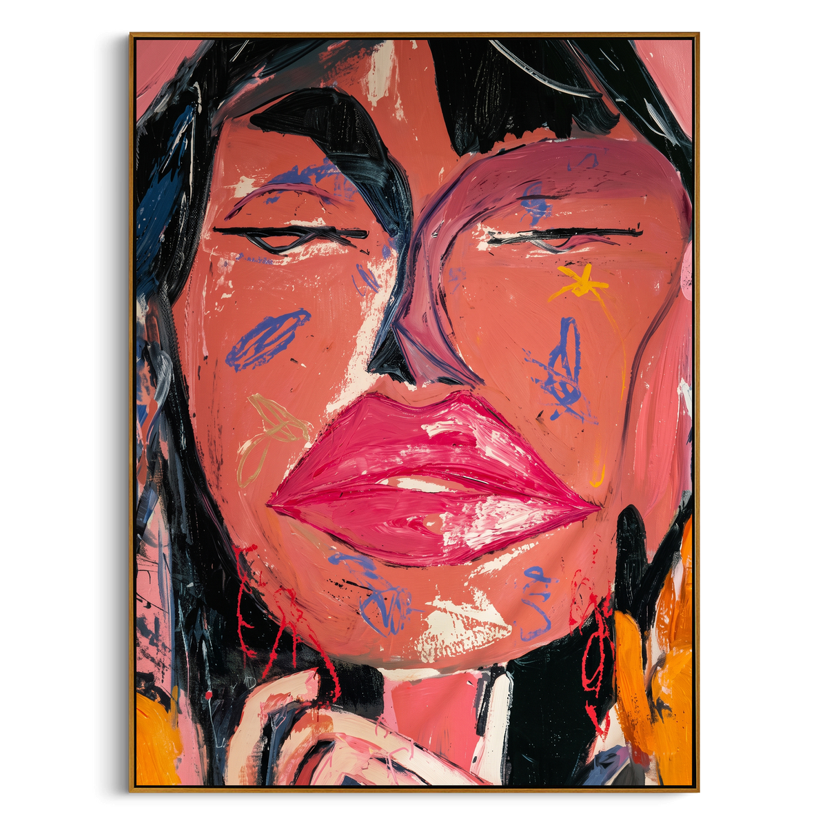 Close Pink Cowgirl Face is written from the actual artwork image, focusing on a close-up pink cowgirl face with black hair, glossy lips, and star cheek mark. The composition is built from specific visible details: cropped face, black hair, red lips, blue eyelids, yellow star mark, and dense pink brush texture. The vertical composition keeps attention on cropped face, black hair, red lips, blue eyelids, yellow star mark, and dense pink brush texture, using open ground, cropped edges, and strong