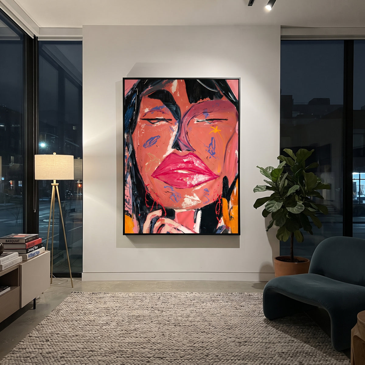 Close Pink Cowgirl Face is written from the actual artwork image, focusing on a close-up pink cowgirl face with black hair, glossy lips, and star cheek mark. The composition is built from specific visible details: cropped face, black hair, red lips, blue eyelids, yellow star mark, and dense pink brush texture. The vertical composition keeps attention on cropped face, black hair, red lips, blue eyelids, yellow star mark, and dense pink brush texture, using open ground, cropped edges, and strong