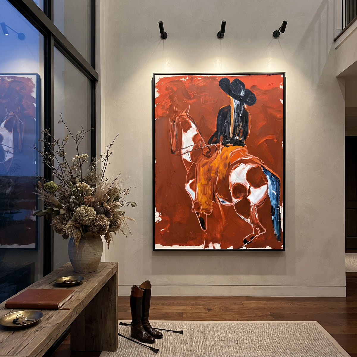 Crimson Reins Horseman is written from the actual artwork image, focusing on a black-hatted rider holding reins on a white horse against a burnt red ground. The composition is built from specific visible details: white horse head, black rider silhouette, reins line, burnt red field, and rough gestural edges. The vertical composition keeps attention on white horse head, black rider silhouette, reins line, burnt red field, and rough gestural edges, using open ground, cropped edges, and strong
