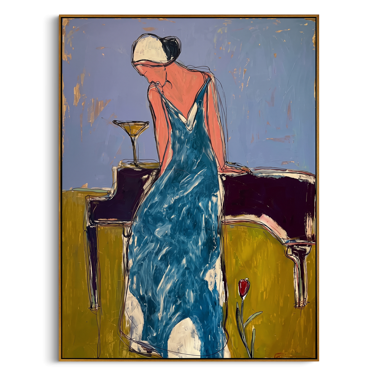 Blue Dress Martini Grace is written from the actual artwork image, focusing on a woman in a blue dress leaning over a table with a martini glass. The composition is built from specific visible details: turquoise blue dress, pale head wrap, martini glass, table edge, muted wall, and elongated elegant pose. The vertical composition keeps attention on turquoise blue dress, pale head wrap, martini glass, table edge, muted wall, and elongated elegant pose, using open ground, cropped edges, and strong