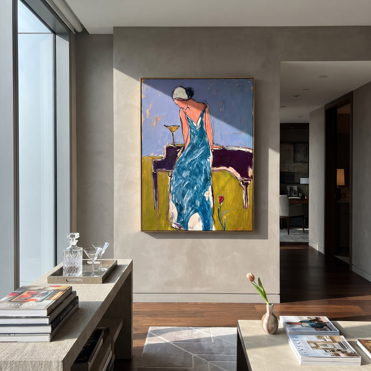 Blue Dress Martini Grace is written from the actual artwork image, focusing on a woman in a blue dress leaning over a table with a martini glass. The composition is built from specific visible details: turquoise blue dress, pale head wrap, martini glass, table edge, muted wall, and elongated elegant pose. The vertical composition keeps attention on turquoise blue dress, pale head wrap, martini glass, table edge, muted wall, and elongated elegant pose, using open ground, cropped edges, and strong