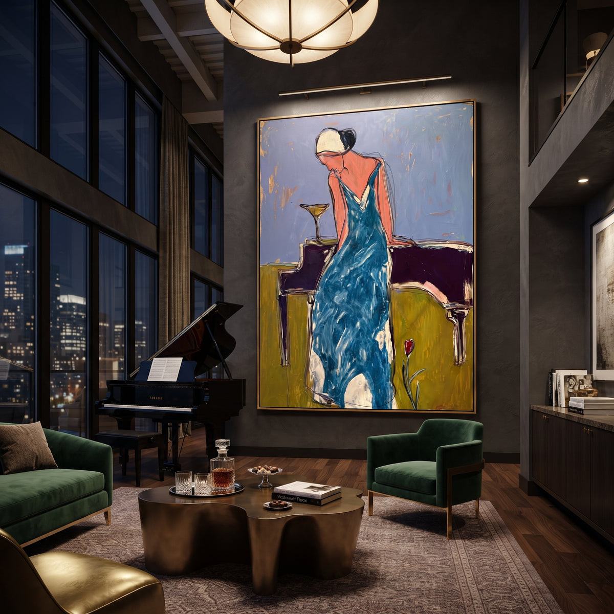 Blue Dress Martini Grace is written from the actual artwork image, focusing on a woman in a blue dress leaning over a table with a martini glass. The composition is built from specific visible details: turquoise blue dress, pale head wrap, martini glass, table edge, muted wall, and elongated elegant pose. The vertical composition keeps attention on turquoise blue dress, pale head wrap, martini glass, table edge, muted wall, and elongated elegant pose, using open ground, cropped edges, and strong