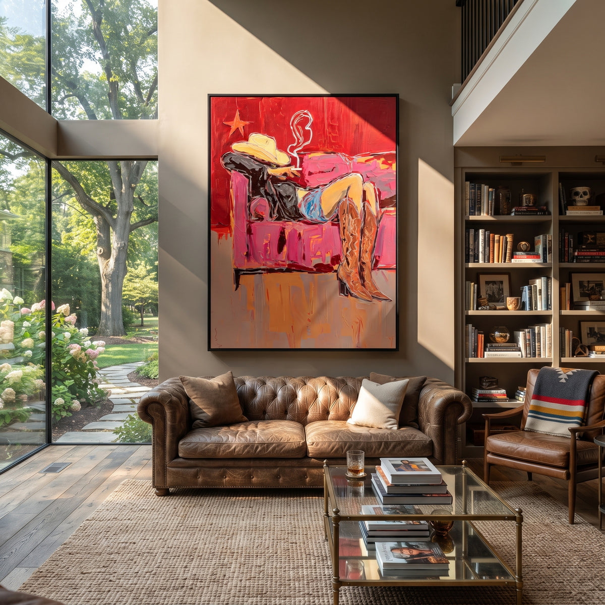 Rose Couch Rodeo is written from the actual artwork image, focusing on a reclining cowboy figure with smoke and hat on a rose-red couch. The composition is built from specific visible details: reclining body, cowboy hat, smoke curl, red couch plane, star mark, and relaxed after-hours mood. The vertical composition keeps attention on reclining body, cowboy hat, smoke curl, red couch plane, star mark, and relaxed after-hours mood, using open ground, cropped edges, and strong color blocks to make