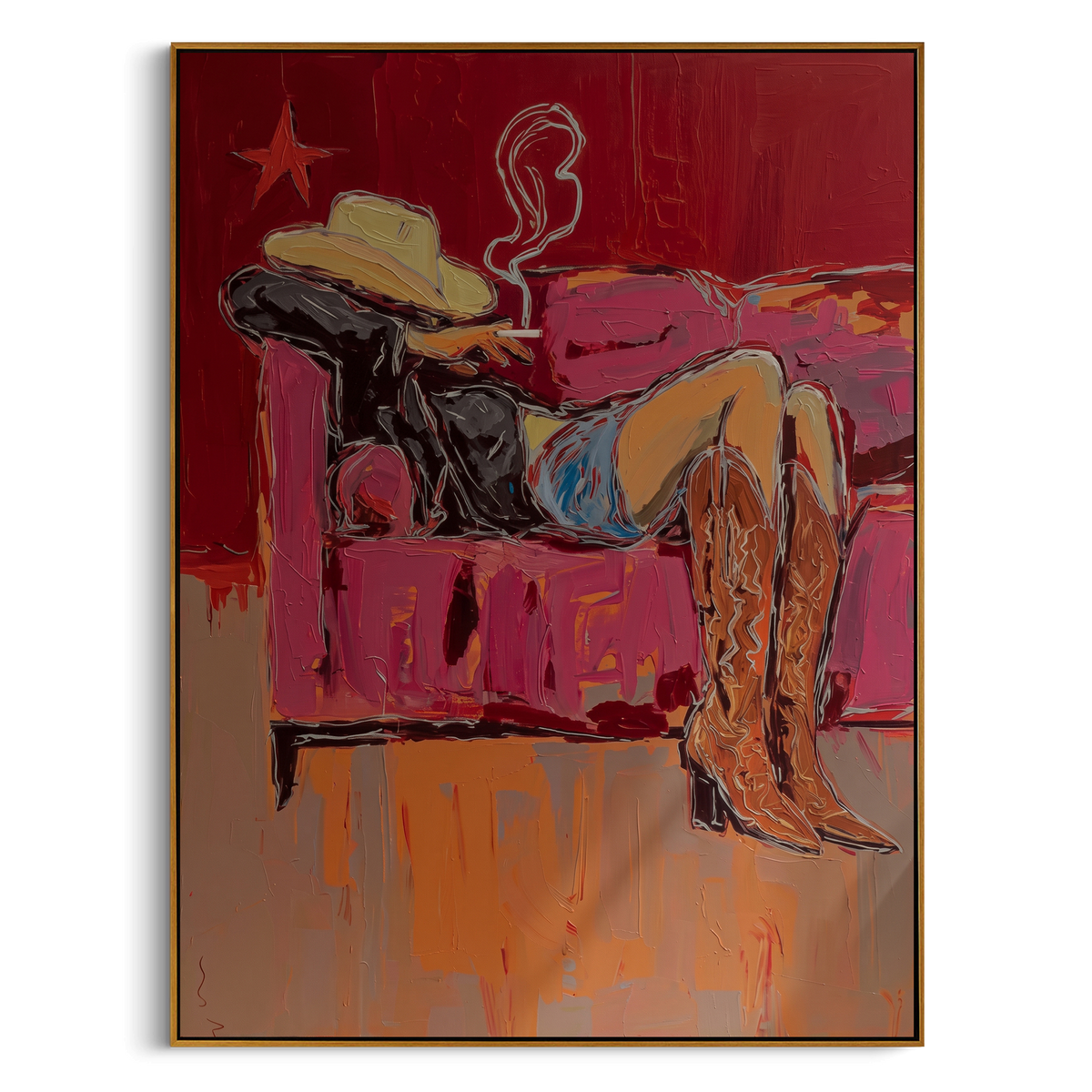 Rose Couch Rodeo is written from the actual artwork image, focusing on a reclining cowboy figure with smoke and hat on a rose-red couch. The composition is built from specific visible details: reclining body, cowboy hat, smoke curl, red couch plane, star mark, and relaxed after-hours mood. The vertical composition keeps attention on reclining body, cowboy hat, smoke curl, red couch plane, star mark, and relaxed after-hours mood, using open ground, cropped edges, and strong color blocks to make