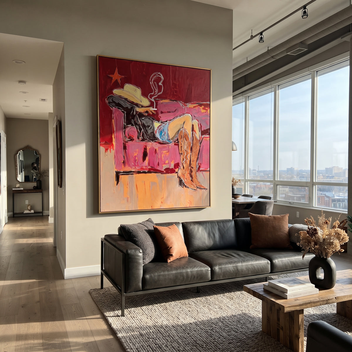 Rose Couch Rodeo is written from the actual artwork image, focusing on a reclining cowboy figure with smoke and hat on a rose-red couch. The composition is built from specific visible details: reclining body, cowboy hat, smoke curl, red couch plane, star mark, and relaxed after-hours mood. The vertical composition keeps attention on reclining body, cowboy hat, smoke curl, red couch plane, star mark, and relaxed after-hours mood, using open ground, cropped edges, and strong color blocks to make