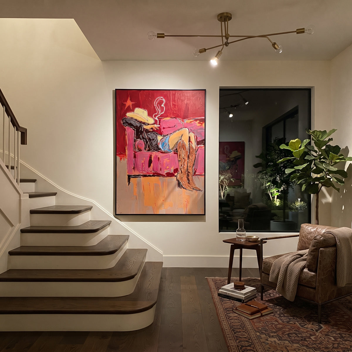 Rose Couch Rodeo is written from the actual artwork image, focusing on a reclining cowboy figure with smoke and hat on a rose-red couch. The composition is built from specific visible details: reclining body, cowboy hat, smoke curl, red couch plane, star mark, and relaxed after-hours mood. The vertical composition keeps attention on reclining body, cowboy hat, smoke curl, red couch plane, star mark, and relaxed after-hours mood, using open ground, cropped edges, and strong color blocks to make