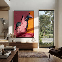 Pink Horseback Woman is written from the actual artwork image, focusing on a dark-haired woman seated on a pink horse against orange and magenta. The composition is built from specific visible details: pink horse body, black mane, orange side field, magenta base, and simplified rider silhouette. The vertical composition keeps attention on pink horse body, black mane, orange side field, magenta base, and simplified rider silhouette, using open ground, cropped edges, and strong color blocks to