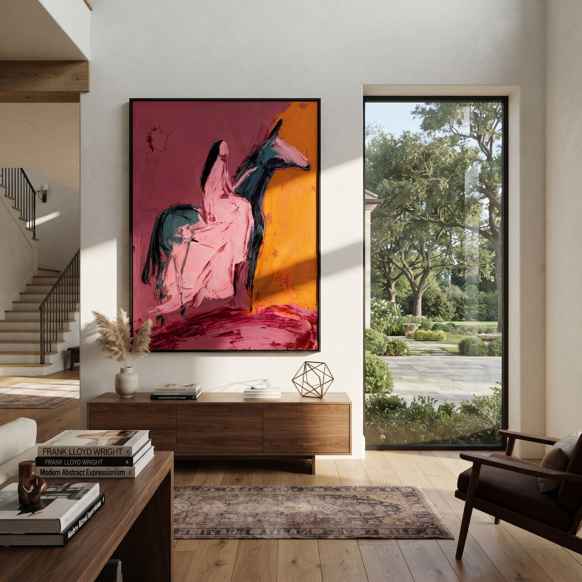 Pink Horseback Woman is written from the actual artwork image, focusing on a dark-haired woman seated on a pink horse against orange and magenta. The composition is built from specific visible details: pink horse body, black mane, orange side field, magenta base, and simplified rider silhouette. The vertical composition keeps attention on pink horse body, black mane, orange side field, magenta base, and simplified rider silhouette, using open ground, cropped edges, and strong color blocks to