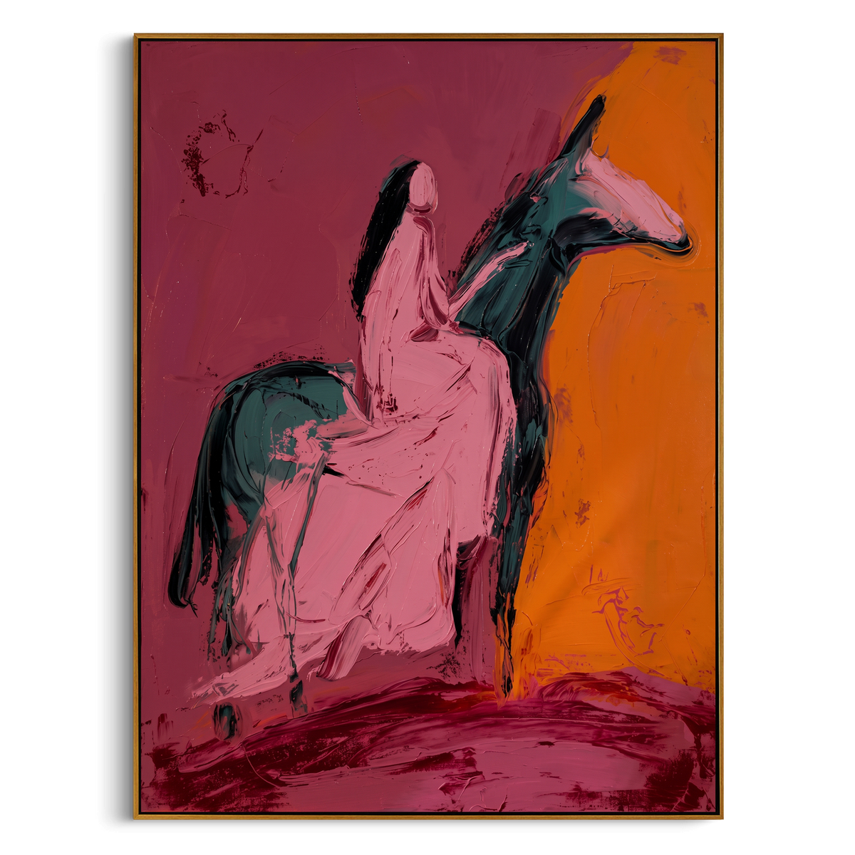 Pink Horseback Woman is written from the actual artwork image, focusing on a dark-haired woman seated on a pink horse against orange and magenta. The composition is built from specific visible details: pink horse body, black mane, orange side field, magenta base, and simplified rider silhouette. The vertical composition keeps attention on pink horse body, black mane, orange side field, magenta base, and simplified rider silhouette, using open ground, cropped edges, and strong color blocks to