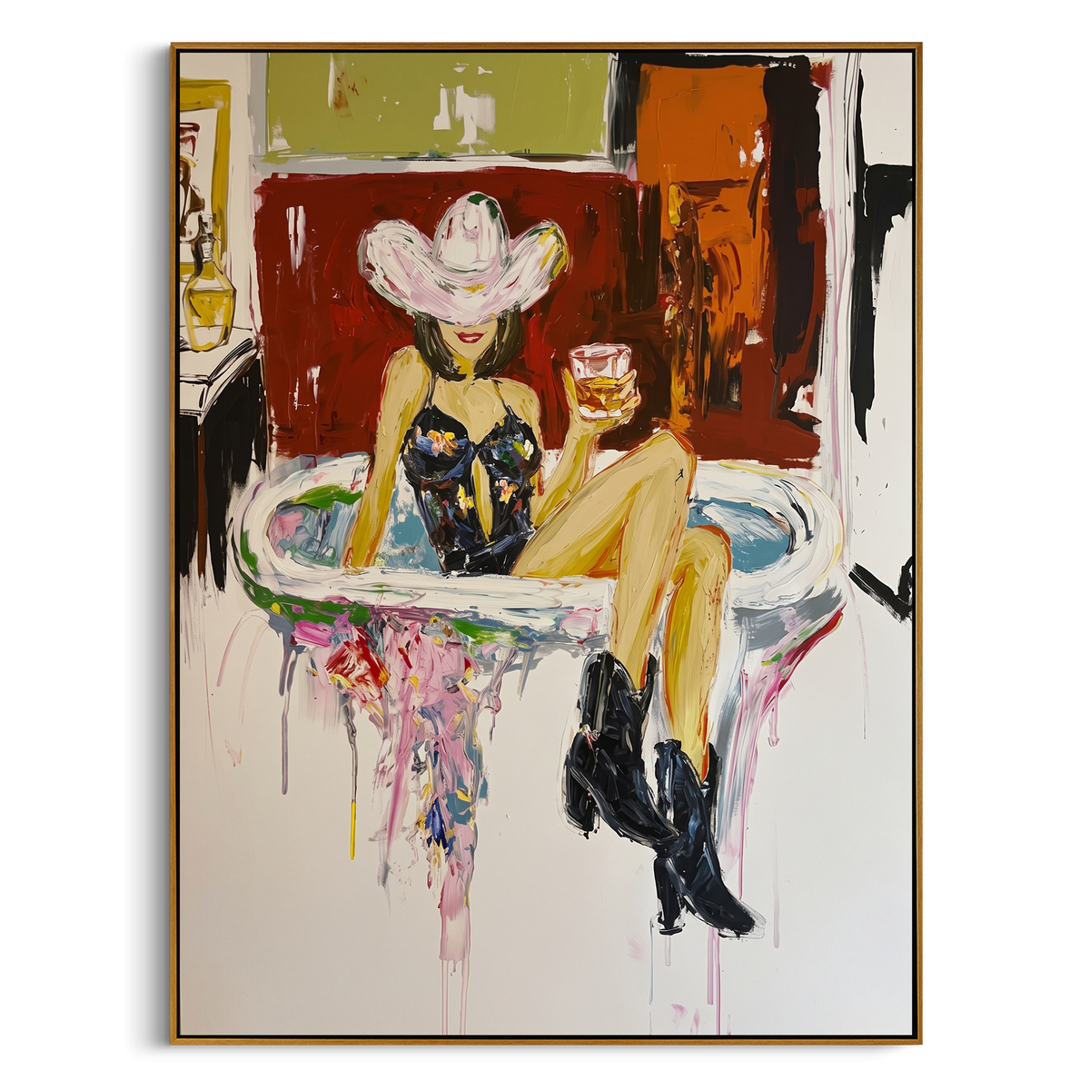 Bathtub Cowgirl Boots is written from the actual artwork image, focusing on a cowgirl seated in a bathtub with white hat, black boots, and colorful drips. The composition is built from specific visible details: white bathtub, wide hat, black boots, yellow legs, floral drips, and bathroom-bar crossover detail. The vertical composition keeps attention on white bathtub, wide hat, black boots, yellow legs, floral drips, and bathroom-bar crossover detail, using open ground, cropped edges, and strong