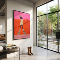 Orange Desert Catwalk is written from the actual artwork image, focusing on a walking cowgirl in patterned coat and oversized boots on an orange pink field. The composition is built from specific visible details: side-walking figure, straw hat, patterned coat, tall boots, orange field, and pink skyline marks. The vertical composition keeps attention on side-walking figure, straw hat, patterned coat, tall boots, orange field, and pink skyline marks, using open ground, cropped edges, and strong