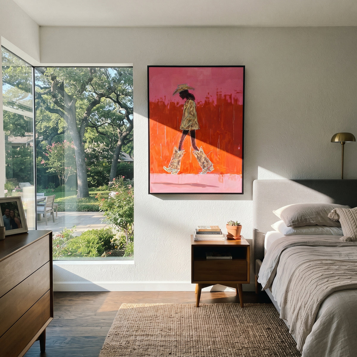 Orange Desert Catwalk is written from the actual artwork image, focusing on a walking cowgirl in patterned coat and oversized boots on an orange pink field. The composition is built from specific visible details: side-walking figure, straw hat, patterned coat, tall boots, orange field, and pink skyline marks. The vertical composition keeps attention on side-walking figure, straw hat, patterned coat, tall boots, orange field, and pink skyline marks, using open ground, cropped edges, and strong