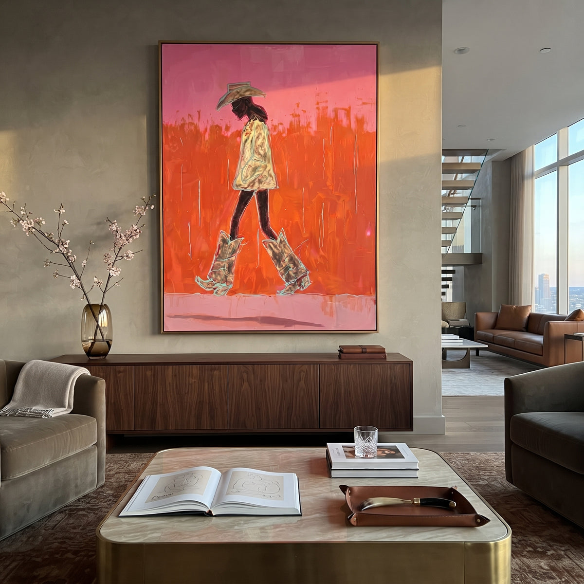 Orange Desert Catwalk is written from the actual artwork image, focusing on a walking cowgirl in patterned coat and oversized boots on an orange pink field. The composition is built from specific visible details: side-walking figure, straw hat, patterned coat, tall boots, orange field, and pink skyline marks. The vertical composition keeps attention on side-walking figure, straw hat, patterned coat, tall boots, orange field, and pink skyline marks, using open ground, cropped edges, and strong
