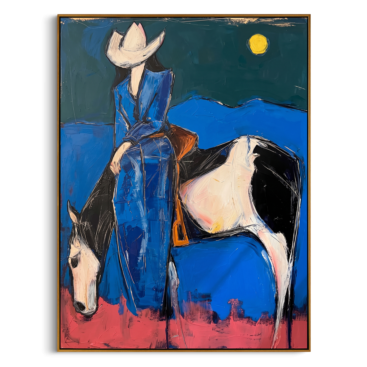 Midnight Blue Horse Rider is written from the actual artwork image, focusing on a blue-clad rider on a white horse beneath a moon over dark desert hills. The composition is built from specific visible details: white horse, blue rider clothing, crescent-like moon, dark hill line, pink ground, and night western mood. The vertical composition keeps attention on white horse, blue rider clothing, crescent-like moon, dark hill line, pink ground, and night western mood, using open ground, cropped