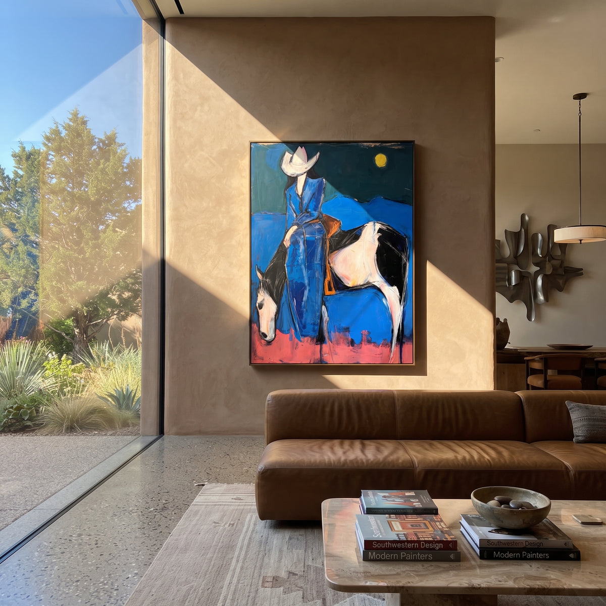 Midnight Blue Horse Rider is written from the actual artwork image, focusing on a blue-clad rider on a white horse beneath a moon over dark desert hills. The composition is built from specific visible details: white horse, blue rider clothing, crescent-like moon, dark hill line, pink ground, and night western mood. The vertical composition keeps attention on white horse, blue rider clothing, crescent-like moon, dark hill line, pink ground, and night western mood, using open ground, cropped