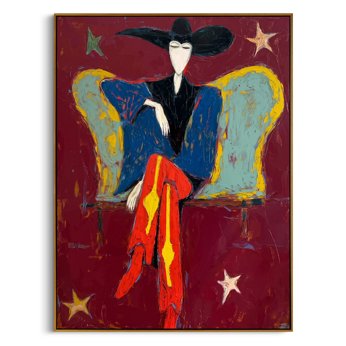 Star Chair Cowgirl is written from the actual artwork image, focusing on a seated cowgirl between blue wing chairs with red pants and white star marks. The composition is built from specific visible details: wide black hat, blue chair wings, red pants, white stars, and centered lounge pose. The vertical composition keeps attention on wide black hat, blue chair wings, red pants, white stars, and centered lounge pose, using open ground, cropped edges, and strong color blocks to make the scene feel